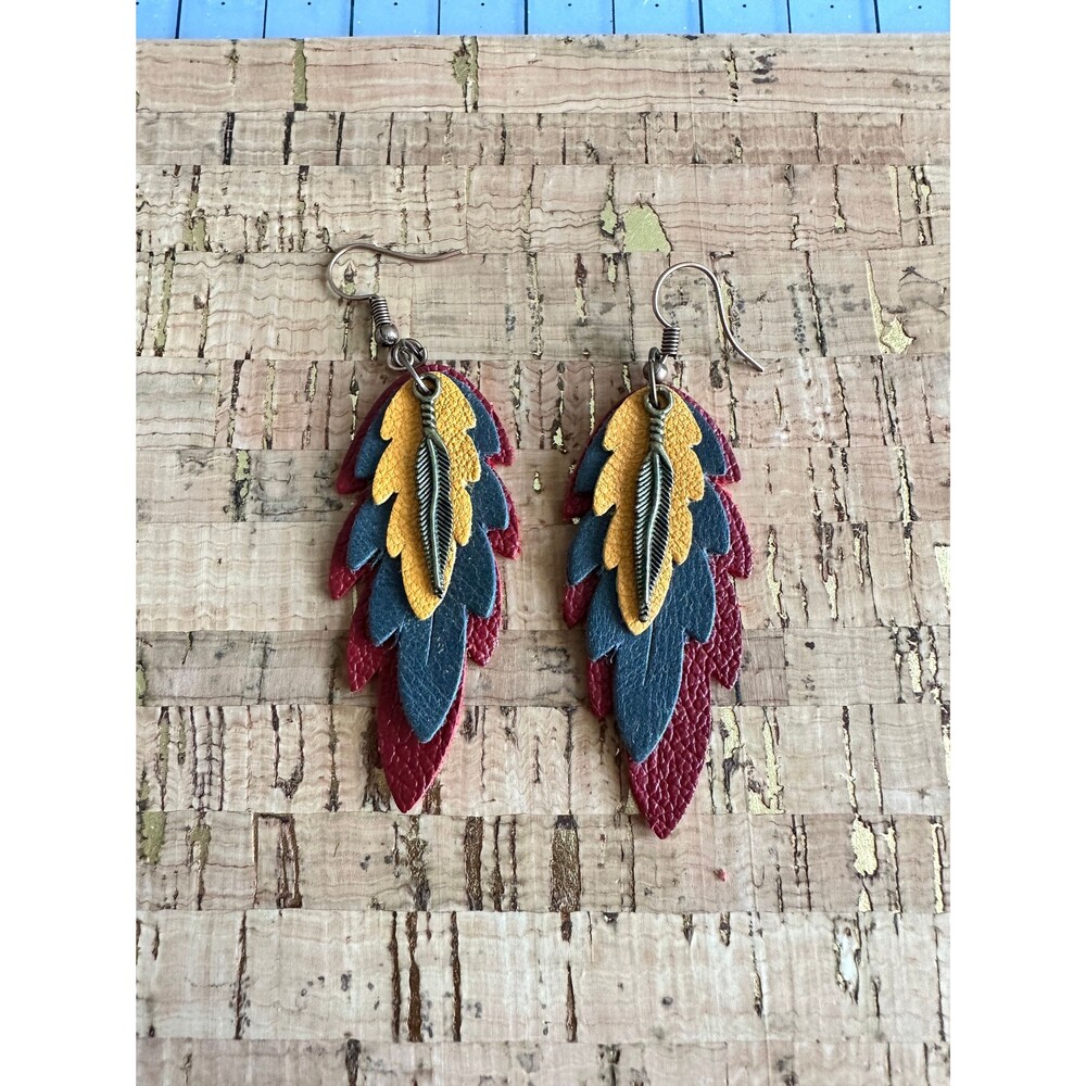 Layered Leather Feather Earrings, Antique Bronze Leaf Charm Dangles, Burgundy Mu